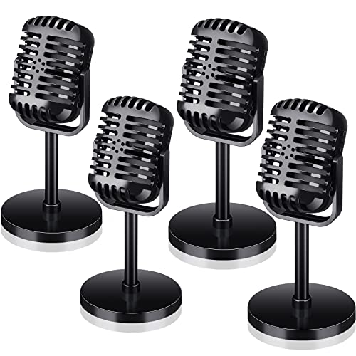 Image of Zubebe 4 Pcs Retro Vintage Microphone Props Halloween Fake Microphone Plastic Pretend Mic for Podcast Event Rock and Roll Hip Hop Music Movie Theater Birthday Jazz Party Decor(Black)