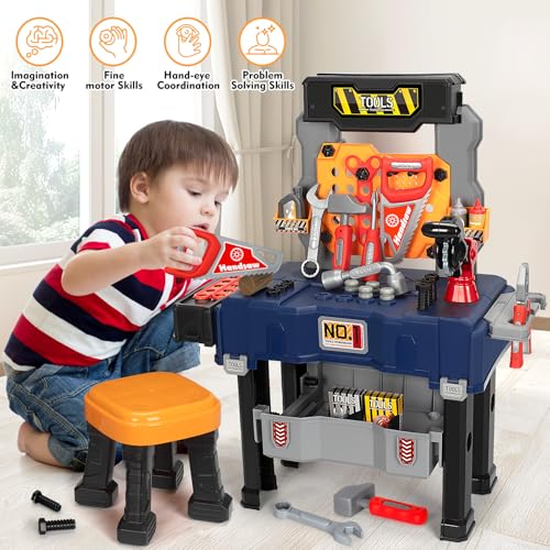 Kids Tool Bench with Electric Drill and Chair, Christmas Birthday Gift for Boys Girls Age 3,4,5+ Fun Play Kids Workbench, Transformable Toddler Tool Box Set, Construction Tool Toys for Toddler 3-5