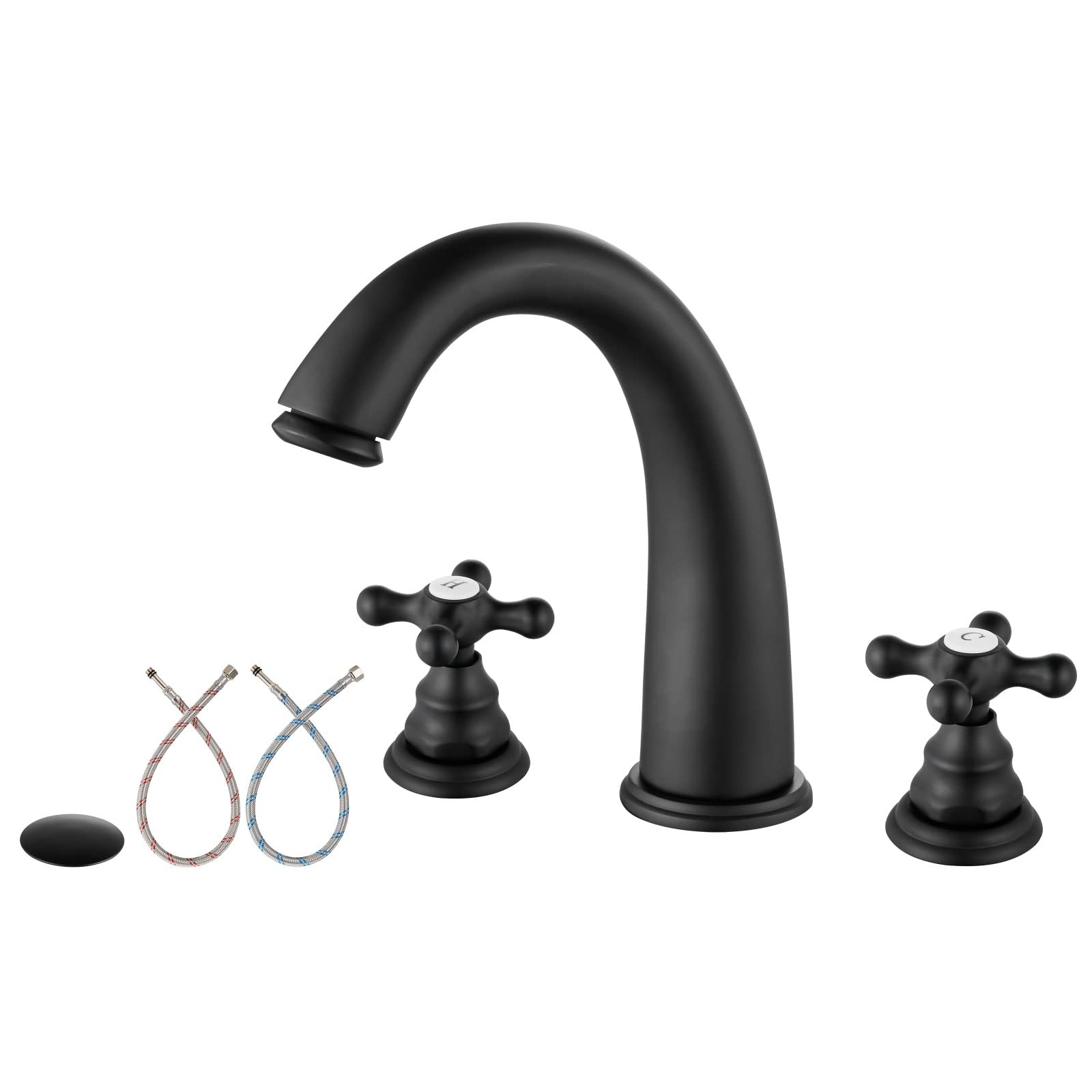 Aolemi Grifos de Baño Extendidos 3 Agujeros Grifo de Lavabo 8 Pulgadas Dos Manijas Cruzadas Latón Sólido Montaje en Cubierta Incluye Conjunto de Desagüe Pop Up Caño Curvado Negro Mate