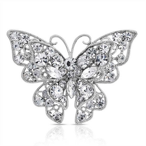 Bling Jewelry Large Crystal Filigree Fashion Statement Butterfly Brooch Pin for Women Sliver Plated Brass