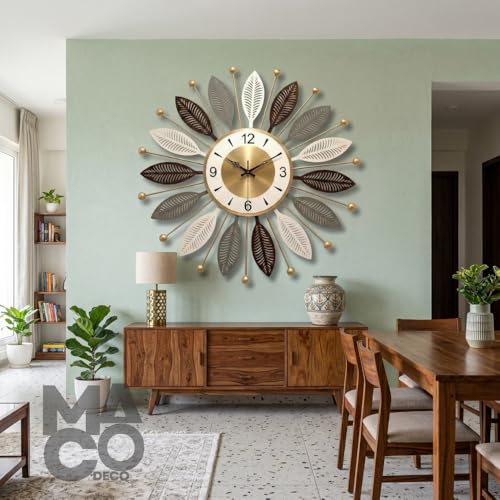 Image of Big Size Sunburst Design Wall Clock for Hall, Modern Gold Tone Dial Silent Analog Clock for Living Room, Bedroom, Stylish Decor
