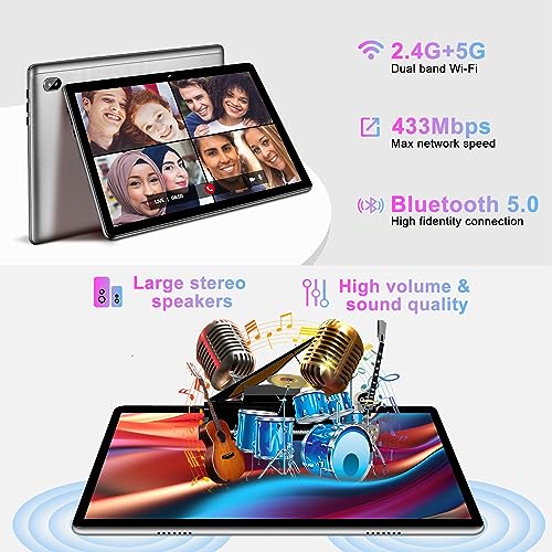 Image of 2026 Lastest Tablet 10 inch Android PC Octa-Core 2.0 GHz with 12GB RAM 128GB ROM TF 2TB, FHD IPS Touchscreen, BT 5.0,5G WiFi, GMS, 1280*800, 5 MP + 8 MP, 2 in 1 Tablet with Keyboard and Mouse - Silver