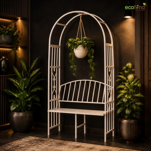 Image of ecofynd 6.6 Feet High x 3 Feet Wide Garden Arch with 2-Seater Bench, Metal Arbor Trellis for Climbing Plant with Outdoor Garden Chair, Backdrop Stand for Wedding Lawn Backyard Party Decor (GC001-WHT)
