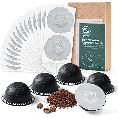 Reusable Vertuo Capsules Refillable Coffee Pods with Espresso Aluminum Foils for Nespreso Vertuo Coffee Machines GCA1 and De'Longhi ENV135S (100PCS+5PCS) Cover