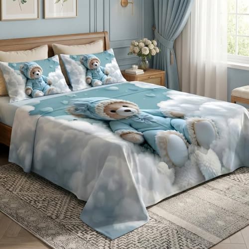 Image of 7D Fairy Tale Sky Buddy Collection King Bedsheet 108x108 inch with 2 Pillow Covers | Good Stitching, Soft Fabric & Vibrant 7D Digital Print for Kids & Couples (Blue)