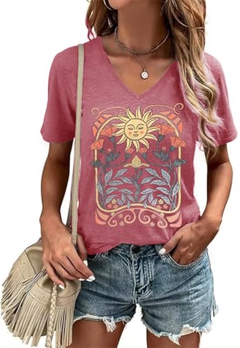 Women's T-Shirt V-Neck Graphic Tees Vintage Boho Flowers Shirt Summer Casual Plant Short Sleeve Tshirt Tops