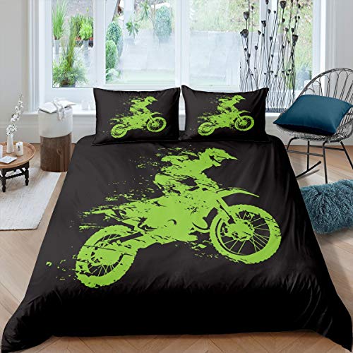 Motocross Rider Bedding Set for Kids Boys Children Extreme Sports Theme Comforter Cover Set Dirt Bike Motorbike Duvet Cover Green Black Room Decor Bedspread Cover Twin Size 2Pcs (No Comforte