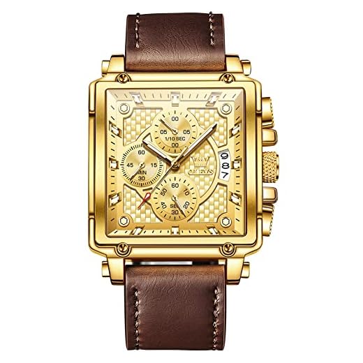 OLEVS Tank Watch for Men Gold Rectangle Face Stainless Steel Faux-Leather Watches Day-Date Classic 14K Gold Luminous Hands Men's Chronograph Watches Big Dial Analog Men's Wrist Watch Gift for Father
