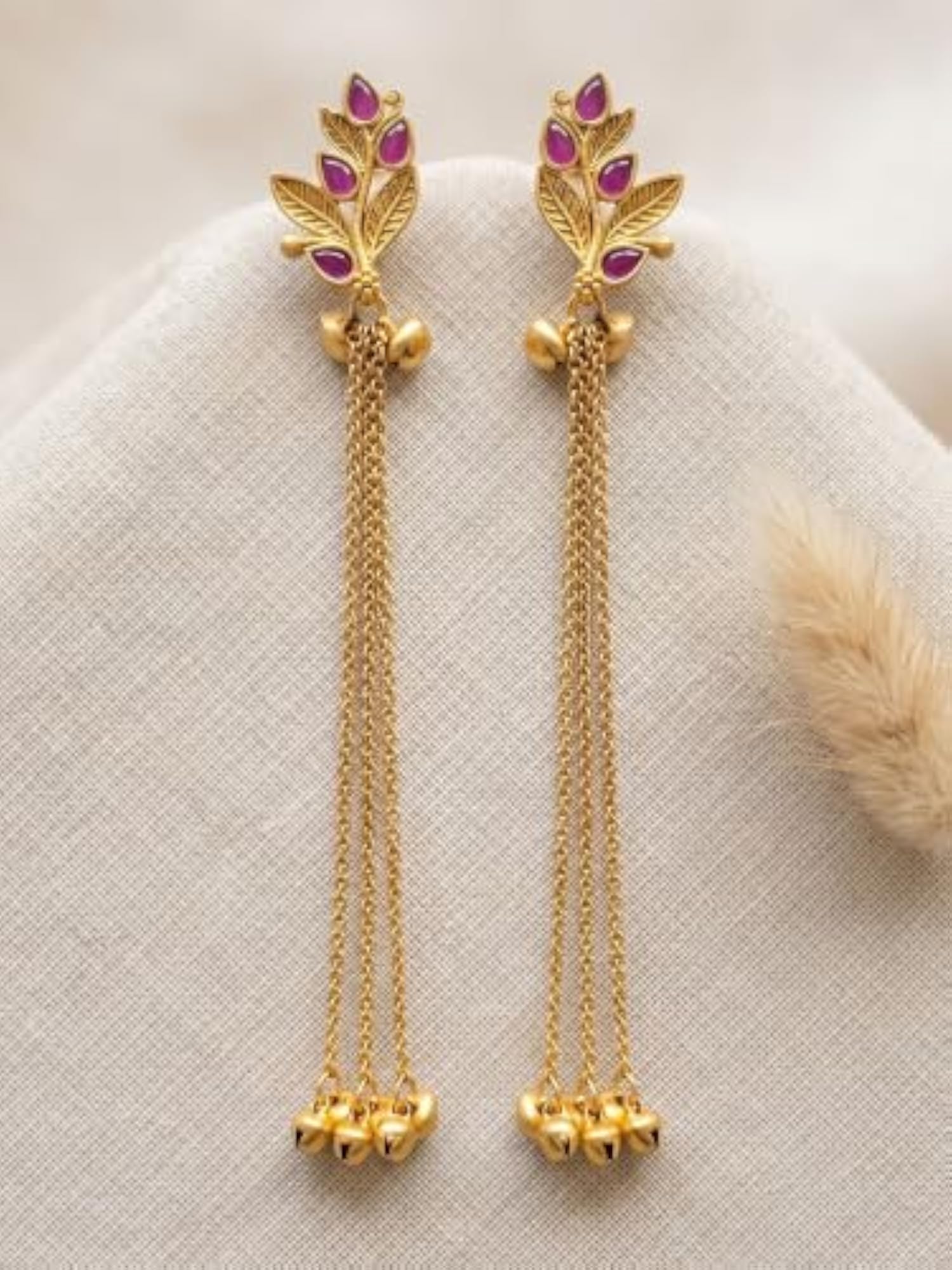 Traditional Gold-Plated Leaf Motif Kashmiri Long Tassel Earrings