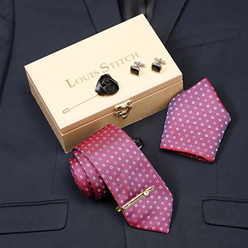 Image of LOUIS STITCH Mens Silk NeckTie Golden Tiepin Gift Combo Set With Pocket Square Cufflinks Brooch Tie Golden Tiepin (Suit Accessories) (Britain)