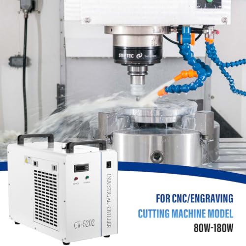 Water chiller connected to laser engraving machine in workshop setup