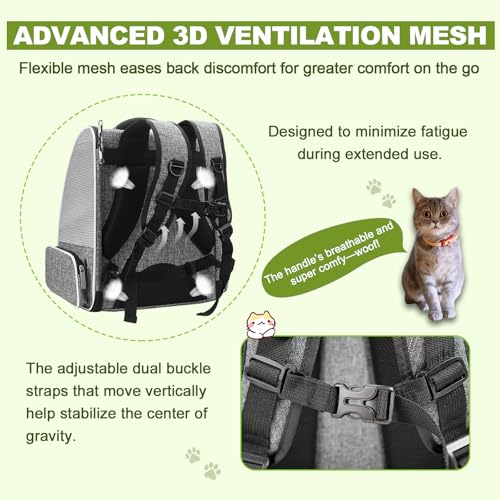 Katzenrucksack Haustier Rucksack belüftet mit Sicherheitsleine & Raumkapsel-Design - Leicht faltbar für Reisen, Outdoor & Tierarztbesuche bis 6kg (Grau)