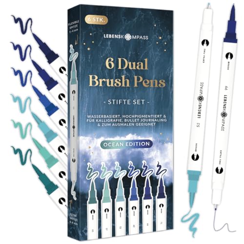 LEBENSKOMPASS Brush Pen Set Ocean 6 Pinselstifte in Blautönen Stifte für Handlettering Ausmalen & Bullet Journal - Dual Tip Stifte mit feiner & flexibler Spitze