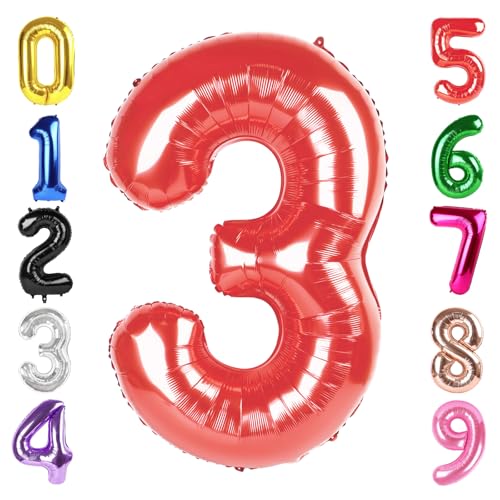 Image of 40 Inch Red Number 3 Balloon Birthday Party Decorations for Men & Women