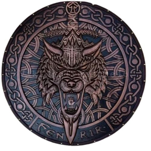 24 Inch Fenrir Wolf Carved Wooden Viking Shield Battle-Worn Wall Dcor