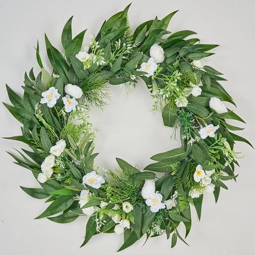 Avoceo Artificial Wreath- Year-Round Greenery, 22 inch Spring & Summer Decorative Front Door Wreath with Flowers for Door Decor, Perfect for Farmhouse, Weddings, & Seasonal Décor (G White-Mix)