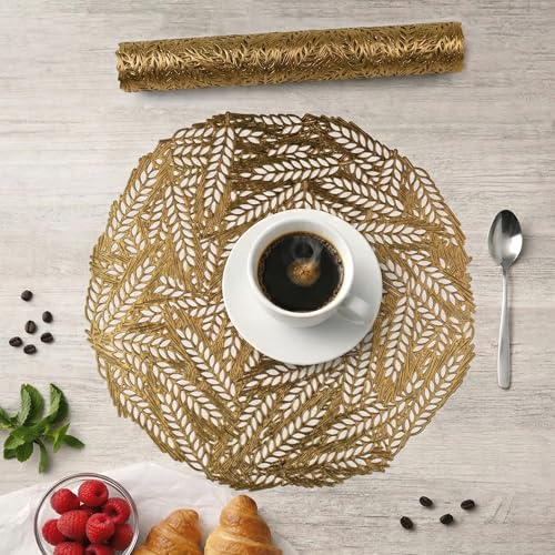 Image of Kuber Industries Leather Round Table Mats Set of 6 | Washable Placemat /Dining Table Mat for Wedding and Family Functions | Leaf Design - Golden