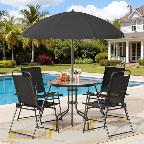 Shintenchi 6 Piece Patio Dining Set with Umbrella, Outdoor Furniture Set with 4 Folding Chairs and Tempered Glass Top Dining Table fot Lawn Backyard Garden Porch Black