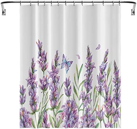 YUYASM Lavender Shower Curtain Fabric Watercolor Purple Flower Butterfly Floral Plants Decor Bathroom Bath Curtains with Plastic Hooks 70x70 Inch