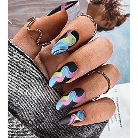 Kikmoya Black Press on Nails Medium Almond Nails with Colorful Graffiti Design 24pcs Stiletto Long Matte False Fake Nails Stick on Nails for Women Cover