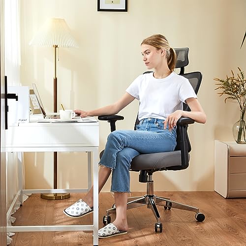 Image of Sweetcrispy Home Office Desk Chair, Ergonomic Rolling Work Swivel High Back 135Tilt Function Big and Tall Computer with Wheels, 2D Armrest Adjustable Lumbar Support & Headres, Modern Grey