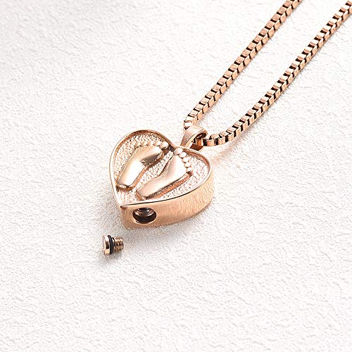 XSMZB Always in My Heart Baby Feet Ashes Keepsake Urn Pendant Necklace Cremation Urns Memorial Jewelry (Rose Gold-1)