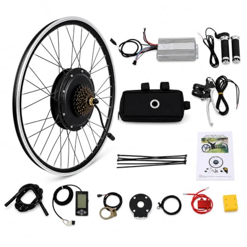 1500W Electric Bike Conversion Kit 26 Inch Rear Wheel Brushless Hub Motor with LCD Display PAS Sensor Controller Brake Levers 7 Speed Freewheel High Torque E-Bike Motor Kit for Road Bicycles