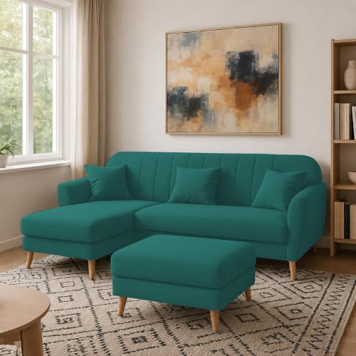 Image of Atticus LHS 4 Seater L Shape Sofa Set with Ottoman for Living Room (Pine Fabric) Premium Fabric Sofa Set