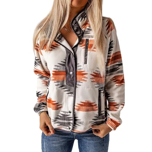 Women's Fleece Jacket Vintage Aztec Print Long Sleeve Snap Button Down Shacket Casual Fall Winter Coats with Pockets2