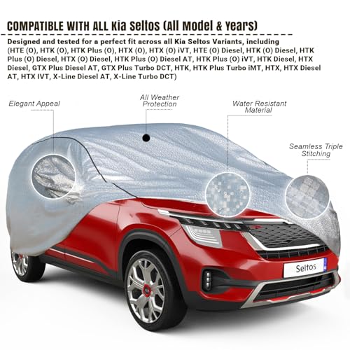 Image of Pivalo Car Cover for Kia Seltos All Model & Years (2019-2024) 100% Waterproof with Mirror Pockets, Triple Stitched Bottom Elastic Dustproof Full Body Protection (Heat & UV Resistant, Silver)
