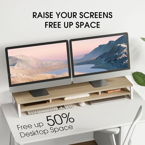 Image of Fenge Dual Monitor Stand for Desk, 42.5in Large Monitor Riser for 2 Monitors, 2 Tier Computer Office Desk Top Shelf, Desktop Storage Stand for Laptop, PC, Computer, Printer