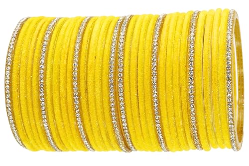 Image of NMII Fancy Glass Golden Zircon Diamond Stone & Velvet Finish Plain Bangles Set For Women & Girls | Glass Velvet Bangles | Kanch ki Chudiyan | Girl's Bangles Bracelet | Fashion Jewellery- Set of 32
