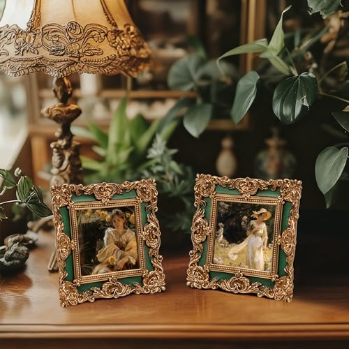 Image of eletecpro 4x4 Vintage Picture Frame with Real Glass Cover, Ornate Antique Photo Frame, Display 4x4 Picture for Tabletop or Wall, Green Home Decor for Gallery Art