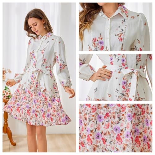 Image of Women Long Sleeve Spring Button Down A-Line Floral Print Summer Cocktail Shirt Dresses with Belt