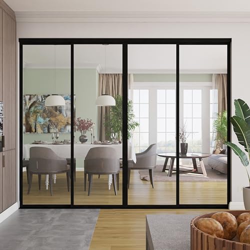 The Sliding Door Company 4 Panel Sliding Glass Interior Room Divider, Clear Tempered Glass (Black, 120