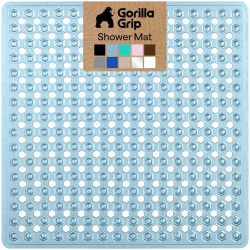Image of GORILLA GRIP Patented Square Shower Stall Mat, Small Bathtub Floor Mats for Stand Up Showers with Suction Cups and Drainage Holes, Machine Washable, Soft on Feet, Bathroom Accessories 21x21 Inch, Blue