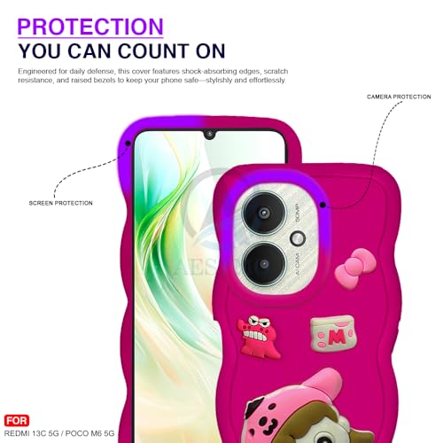 Image of AESTMO Back Case Cover for Redmi 13C 5G / Poco M6 5G | 3D Cute Fun Cartoon Characters | Anti Slip Grip Cute Wave Curly Frame Shape | Back Cover for Redmi 13C 5G / Poco M6 5G | (Pink)