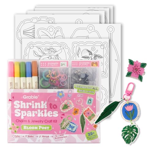 Grabie DIY Shrink Art Craft Kit Jewelry Making Kit for Kids Adults 25+ Pre-Cut Shapes 5 Dual-Tip Markers Custom Charms Pins Rings Keychains (Bloom Post - for Art Lovers)