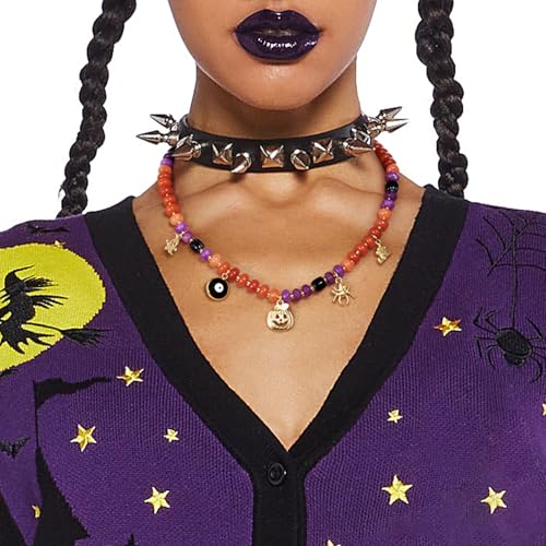 KissYan Halloween Beaded Charm Necklace, Natural Gemstone Choker with 14K Gold Plated Pumpkin Witch Pendant Party Costume Dress Up Jewelry for Women4