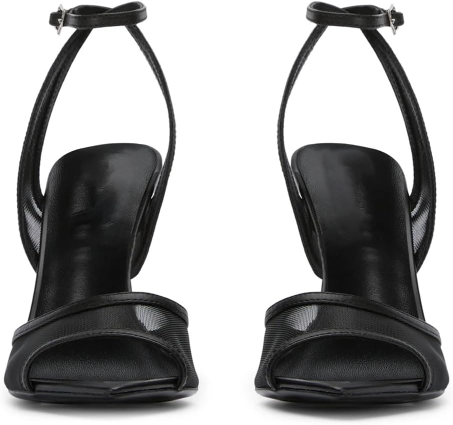 YIYA Women's Black Mesh Slingback Kitten Heels Sandals Open Peep Pointed Toe Stiletto High Heels Ankle Buckle Strap Summer Party Dress Pumps Shoes - Image 3