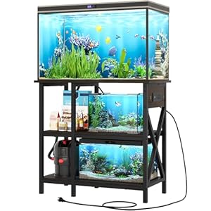 YITAHOME 10-29-37 Gallon Fish Tank Stand with Power Outlet, 30×16 Inch Metal Aquarium Stand with 3-Tier Adjustable Storage Shelves and Hooks, 450LBS Capacity,Black