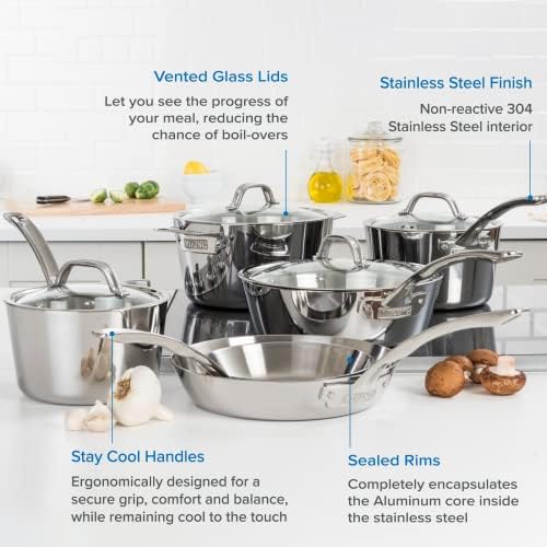 Viking Culinary Contemporary 3-Ply Stainless Steel Cookware Set, 10 Piece, Dishwasher, Oven Safe & Culinary 304 Stainless Steel Kitchen Utensil Set, Ergonomic Stay-Cool Handles - Thumbnail 2
