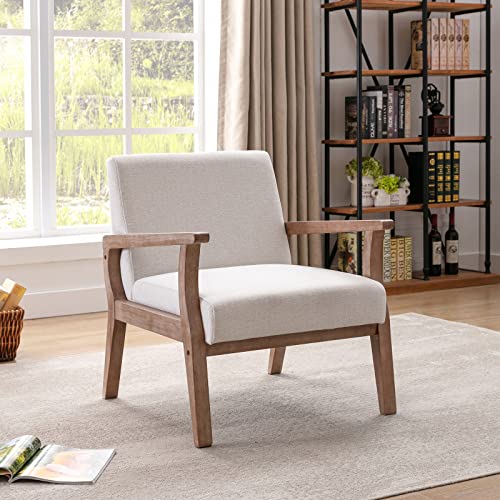 Wahson Mid Century Armchair With Wood Frames, White Linen Upholstered Farmhouse Living Room Chair, For Living Room Bedroom, Ivory #TOP1