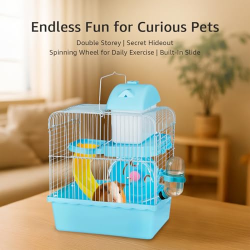 Image of Amazon Basics Hamster, Gerbil, Guinea Pig Cage and Playhouse | Blue | Spacious Plastic Cage for Small Pets | 2 Level | Double Story with Slide, Exercise Wheel and Feeding Bottle | LxWxH-27x 17x 31 Cm
