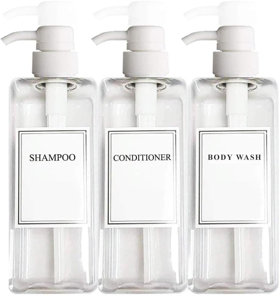 Empty Plastic Pump Bottles Square Shampoo Bottle Conditioner Soap Lotion Refillable, BPA Free for Body Wash, Moisturizer, Face Cream, Liquid Hand Soap, Self-Tanner, Set of 3 (3pack, Clear)