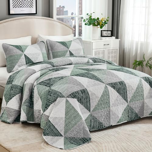 Dintszyayue Quilt Queen Size Green, 3 Pieces Patchwork Bedspread Bedding for Queen Size Bed, Soft Lightweight Microfiber Geometric Coverlet Set for All Season Quilt with 2 Pillowcases