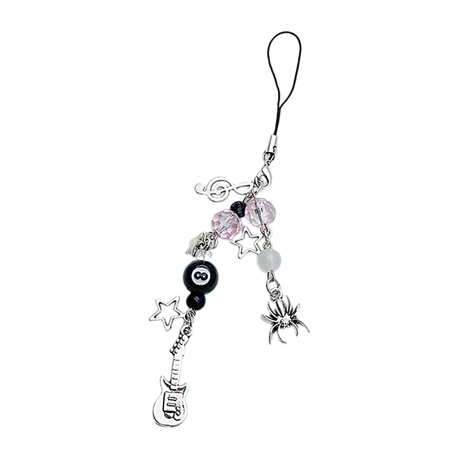Kuaiyiju Women's Black Cool Music Festival Bass Guitar Beaded Star Keychain Phone Charm Keyring Cellphone Charm Gift Mobile Accessory