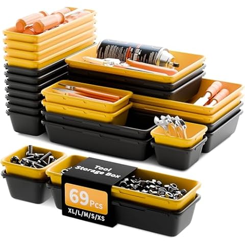 [5 Sizes] [69 PCS] Tool Drawer Organizer, Tool Box Organizer Tray, Desk Drawer Organizer Tray, Rolling Tool Chest Organizer, Toolbox Organizer (Black+Yellow) Cover