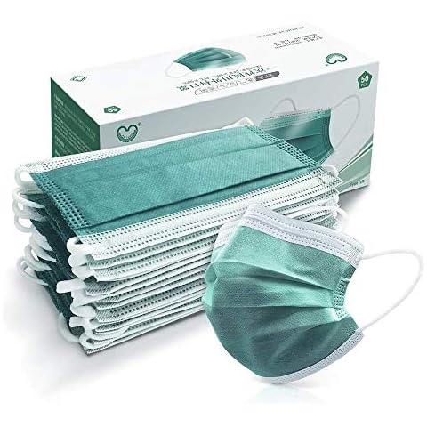 4 Ply Disposable Face Mask Protective(50PCS), Elastic Earloops, Single Use- Green Cover