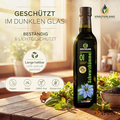 Kräuterland Schwarzkümmelöl kaltgepresst ungefiltert 500ml im Glasflasche